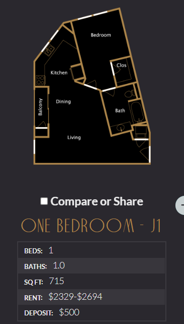 Floor plan for 1 bed, 1 bath, 715 sqft
